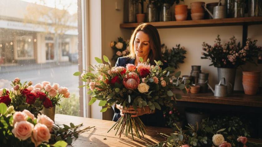 Dynamic wide shot showcasing the Gardenvale Victorian advertising photography success of a local artisan. A beautifully lit, handcrafted product sits prominently on a reclaimed timber table, bathed in golden hour light filtering through large windows of a Gardenvale cafe. The artisan, silhouetted slightly, is meticulously refining details, creating an epic moment of creative dedication and brand story.