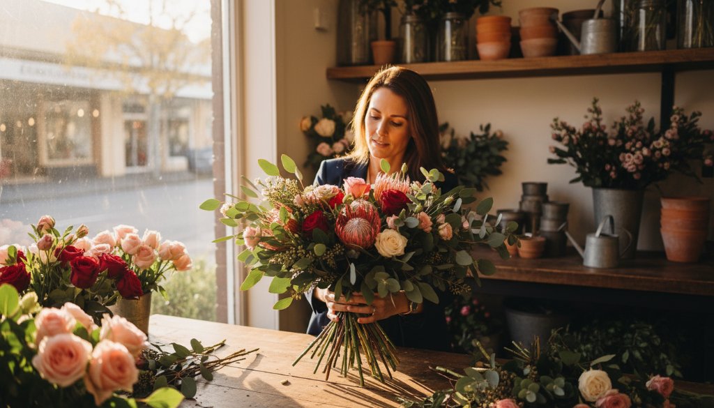 Dynamic wide shot showcasing the Gardenvale Victorian advertising photography success of a local artisan. A beautifully lit, handcrafted product sits prominently on a reclaimed timber table, bathed in golden hour light filtering through large windows of a Gardenvale cafe. The artisan, silhouetted slightly, is meticulously refining details, creating an epic moment of creative dedication and brand story.