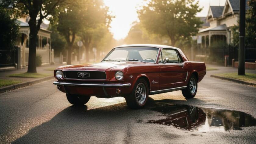 Epic moment captured during Gardenvale Victorian Classic Car Photography session, featuring a polished vintage muscle car gleaming under golden hour light on a quiet Gardenvale street, professional, cinematic.
