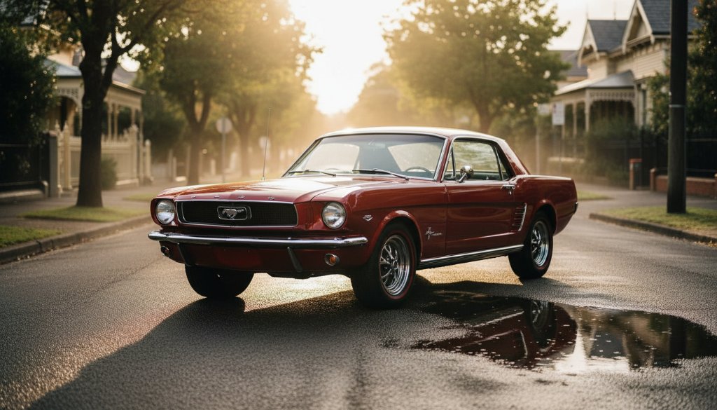 Epic moment captured during Gardenvale Victorian Classic Car Photography session, featuring a polished vintage muscle car gleaming under golden hour light on a quiet Gardenvale street, professional, cinematic.