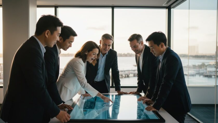 Dynamic wide shot of a diverse team of professionals in a modern, light-filled office in Geelong, collaborating intensely on a project, captured with vibrant Geelong corporate photography for authentic branding, dramatic backlighting highlighting their focus and determination.