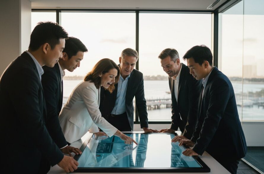 Dynamic wide shot of a diverse team of professionals in a modern, light-filled office in Geelong, collaborating intensely on a project, captured with vibrant Geelong corporate photography for authentic branding, dramatic backlighting highlighting their focus and determination.