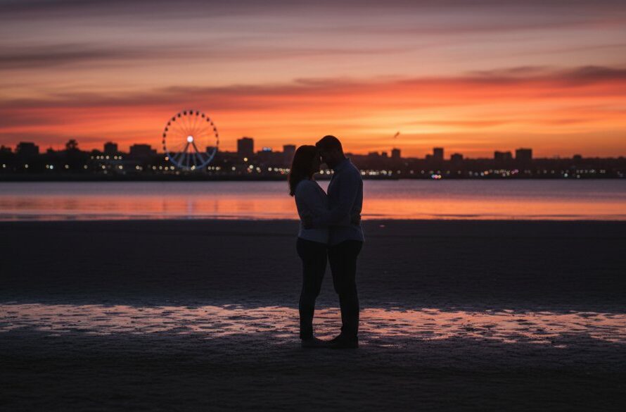 A breathtaking fine art photograph capturing a couple silhouetted against a dramatic sunset over Corio Bay in Geelong, embodying Geelong fine art photography capturing coastal serenity with powerful, professional colour grading.