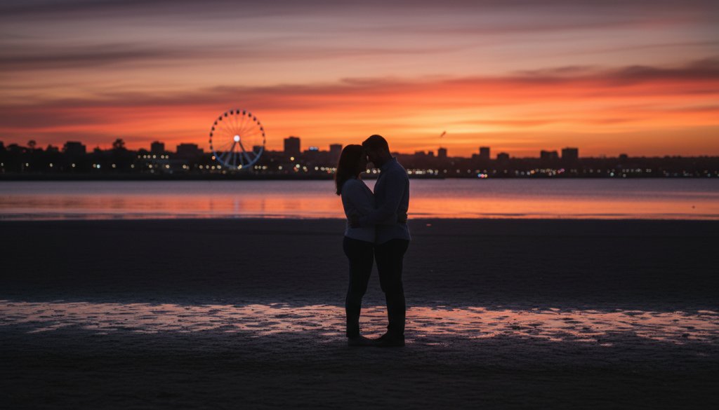 A breathtaking fine art photograph capturing a couple silhouetted against a dramatic sunset over Corio Bay in Geelong, embodying Geelong fine art photography capturing coastal serenity with powerful, professional colour grading.