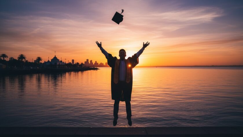 A jubilant graduate in Geelong graduation photography memorable moments, tossing their cap against a dramatic sunset over Corio Bay, showcasing an epic, professionally captured scene.