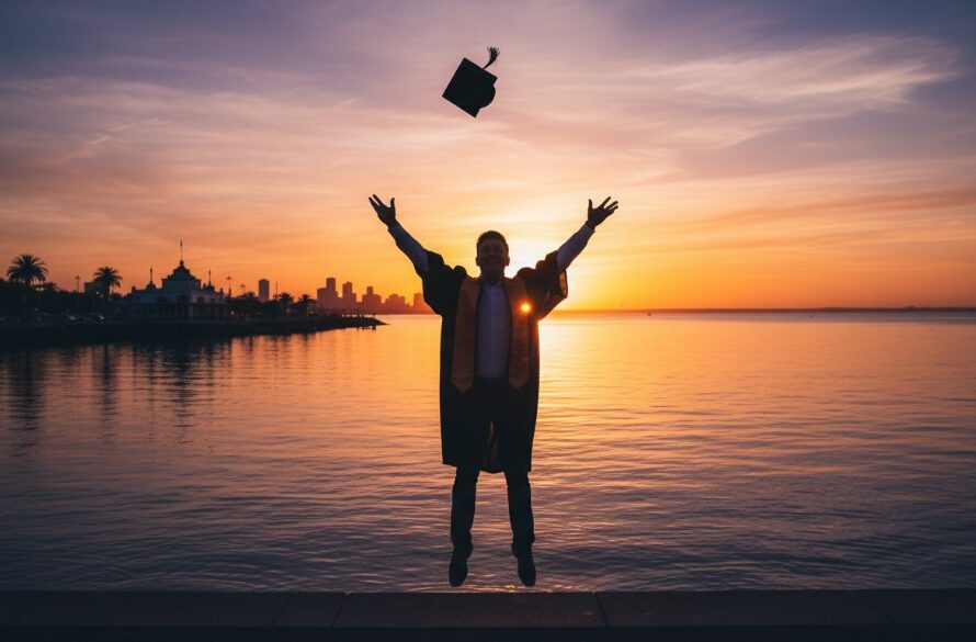 A jubilant graduate in Geelong graduation photography memorable moments, tossing their cap against a dramatic sunset over Corio Bay, showcasing an epic, professionally captured scene.
