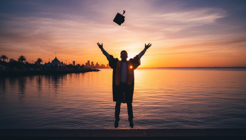 A jubilant graduate in Geelong graduation photography memorable moments, tossing their cap against a dramatic sunset over Corio Bay, showcasing an epic, professionally captured scene.