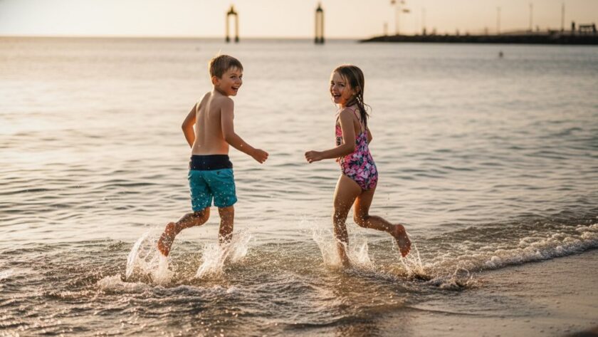 Geelong kids photography joyful waterfront family portraits showing two siblings laughing freely as the sun sets over Corio Bay, dramatic golden hour light, professional cinematic feel.