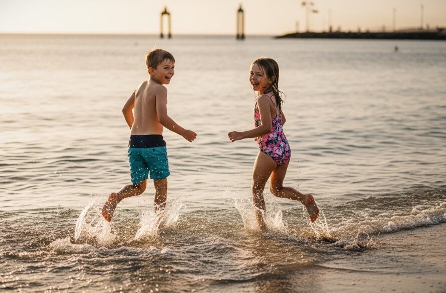 Geelong kids photography joyful waterfront family portraits showing two siblings laughing freely as the sun sets over Corio Bay, dramatic golden hour light, professional cinematic feel.