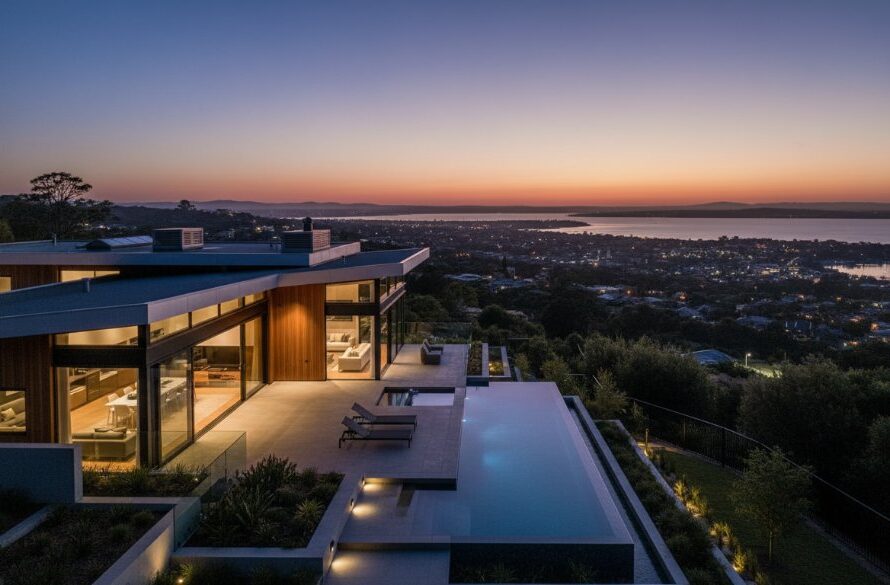 Dramatic twilight shot of a modern architectural home in Geelong, Victoria, showcasing professional Geelong real estate photography maximising property appeal, with warm interior lights contrasting the deep blue sky, taken from a slightly elevated angle.