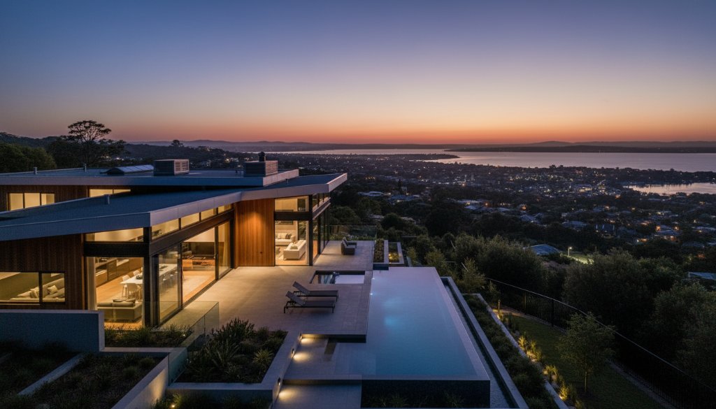 Dramatic twilight shot of a modern architectural home in Geelong, Victoria, showcasing professional Geelong real estate photography maximising property appeal, with warm interior lights contrasting the deep blue sky, taken from a slightly elevated angle.