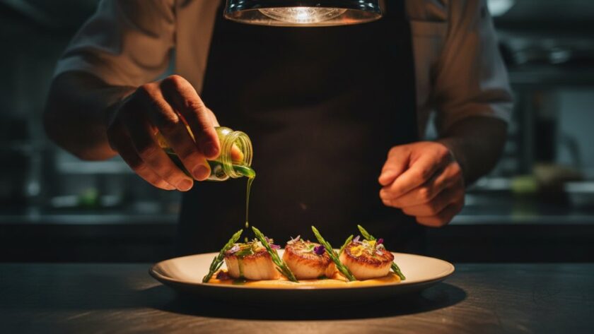 Professional Geelong restaurant food photography capturing a chef delicately garnishing a vibrant seafood dish with microgreens under dramatic spotlighting, showcasing the culinary artistry and fresh produce in a bustling Geelong eatery.