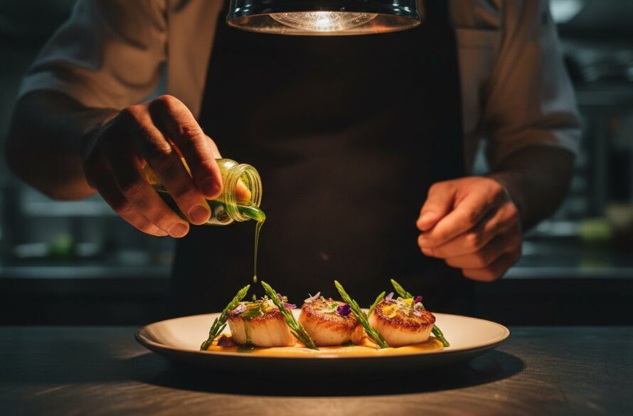Professional Geelong restaurant food photography capturing a chef delicately garnishing a vibrant seafood dish with microgreens under dramatic spotlighting, showcasing the culinary artistry and fresh produce in a bustling Geelong eatery.
