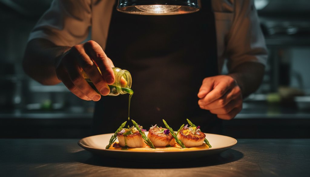 Professional Geelong restaurant food photography capturing a chef delicately garnishing a vibrant seafood dish with microgreens under dramatic spotlighting, showcasing the culinary artistry and fresh produce in a bustling Geelong eatery.