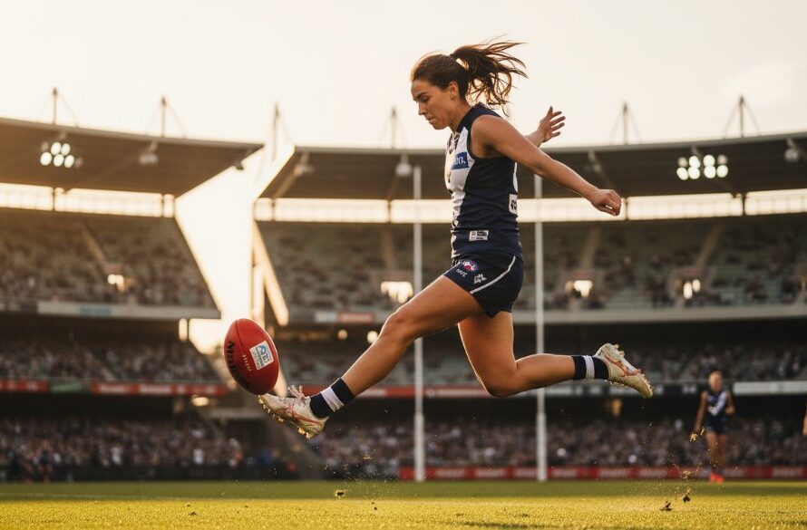 A dramatic, low-angle photograph capturing a footballer scoring a winning goal at GMHBA Stadium, showcasing Geelong sports photography epic moments with incredible light and motion blur.