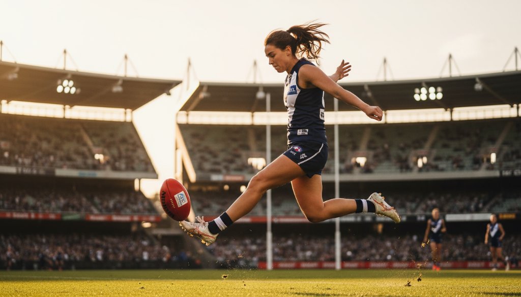 A dramatic, low-angle photograph capturing a footballer scoring a winning goal at GMHBA Stadium, showcasing Geelong sports photography epic moments with incredible light and motion blur.