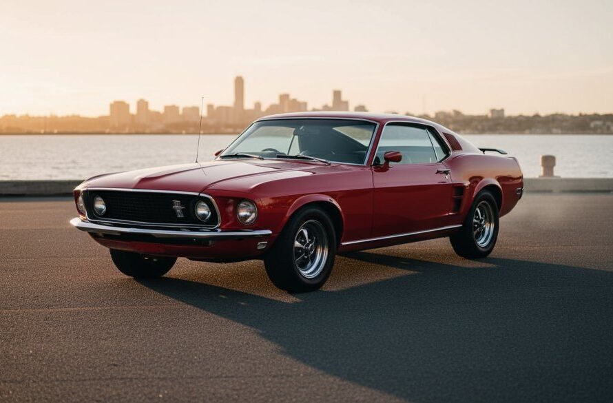 A powerful, low-angle shot of a meticulously restored red classic muscle car parked on the Geelong Waterfront during golden hour, with the shimmering bay and city lights in the soft background. The setting sun casts a dramatic glow, highlighting every curve and chrome detail. This image encapsulates the essence of Geelong Waterfront Classic Car Photography Golden Hour, showcasing an epic moment of automotive elegance.