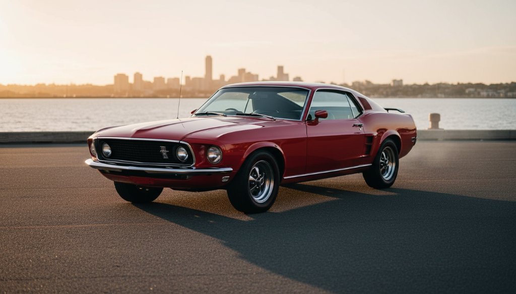 A powerful, low-angle shot of a meticulously restored red classic muscle car parked on the Geelong Waterfront during golden hour, with the shimmering bay and city lights in the soft background. The setting sun casts a dramatic glow, highlighting every curve and chrome detail. This image encapsulates the essence of Geelong Waterfront Classic Car Photography Golden Hour, showcasing an epic moment of automotive elegance.