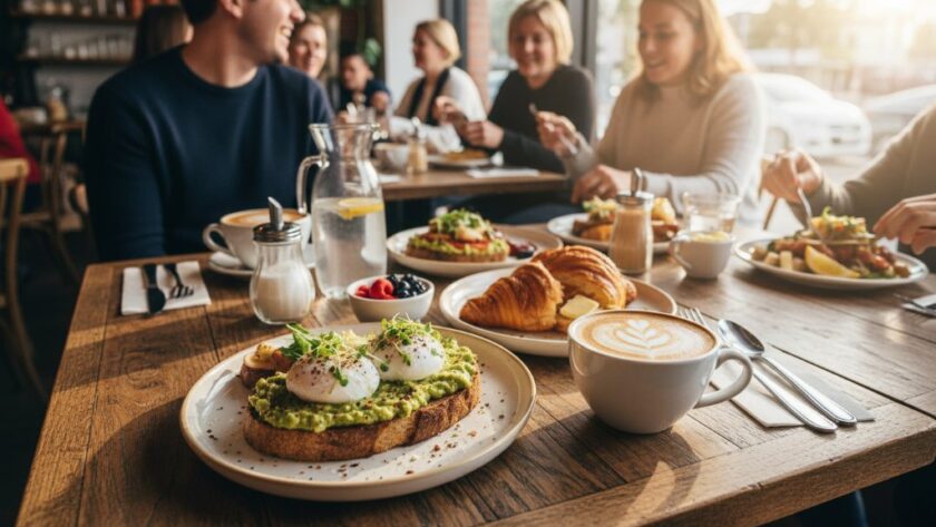 A high-angle, cinematic shot showcasing a beautifully plated artisanal brunch dish, coffee, and pastries on a rustic wooden table inside a bustling, sun-drenched Geelong West cafe, highlighting the Geelong West artisan food photography for local cafes and eateries, with soft focus on happy customers in the background.