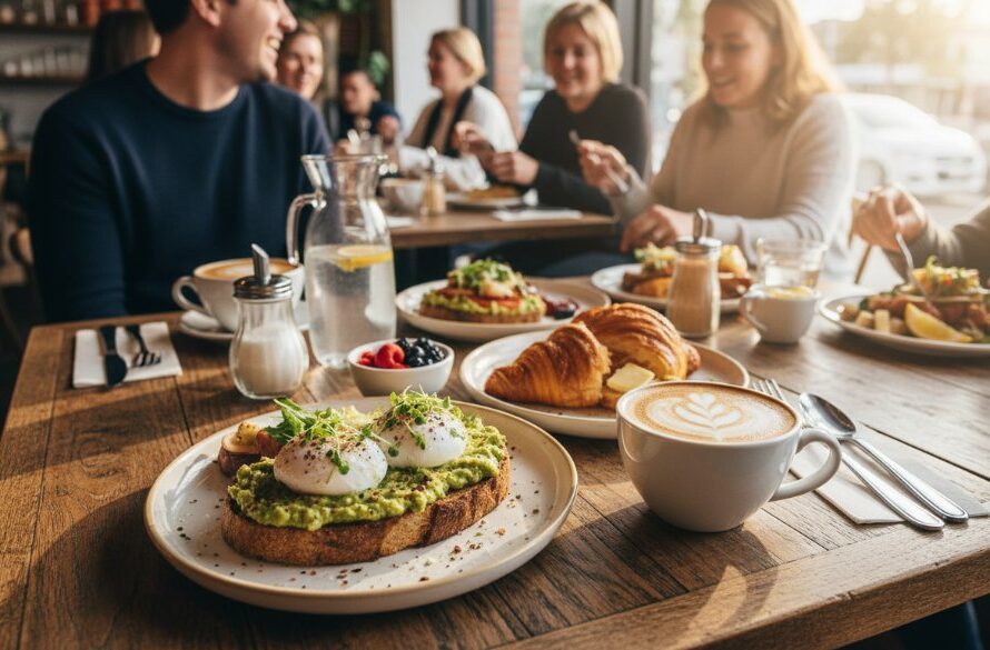 A high-angle, cinematic shot showcasing a beautifully plated artisanal brunch dish, coffee, and pastries on a rustic wooden table inside a bustling, sun-drenched Geelong West cafe, highlighting the Geelong West artisan food photography for local cafes and eateries, with soft focus on happy customers in the background.