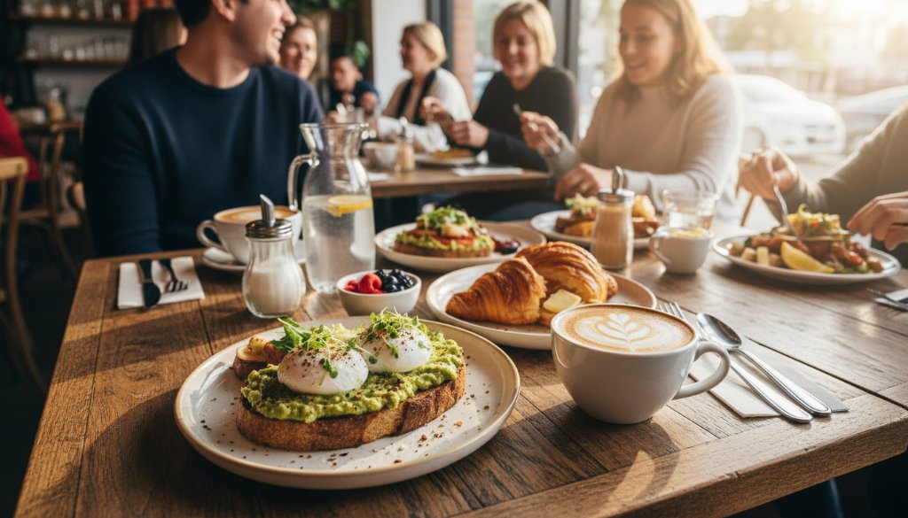 A high-angle, cinematic shot showcasing a beautifully plated artisanal brunch dish, coffee, and pastries on a rustic wooden table inside a bustling, sun-drenched Geelong West cafe, highlighting the Geelong West artisan food photography for local cafes and eateries, with soft focus on happy customers in the background.