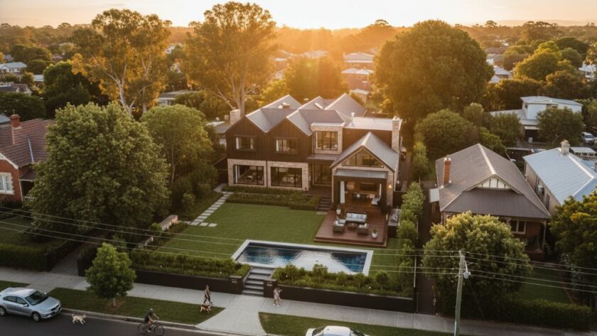 Dramatic aerial photograph captured by drone, showcasing a modern architectural property in Geelong West, Victoria, bathed in golden hour light, highlighting its unique features and expansive gardens from a breathtaking perspective. This Geelong West drone photography for properties shot exemplifies an epic moment.