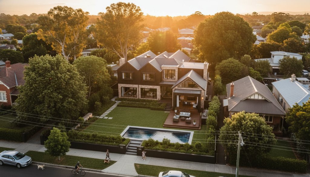 Dramatic aerial photograph captured by drone, showcasing a modern architectural property in Geelong West, Victoria, bathed in golden hour light, highlighting its unique features and expansive gardens from a breathtaking perspective. This Geelong West drone photography for properties shot exemplifies an epic moment.