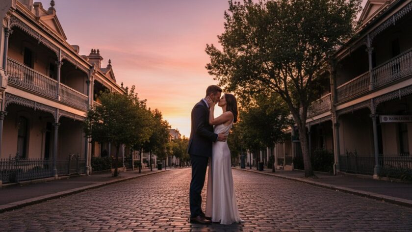 A stunning, cinematic 'epic moment' shot capturing a couple's emotional embrace amidst the charming, historic architecture of Geelong West heritage streets pre-wedding photography, with golden hour light filtering through mature trees.