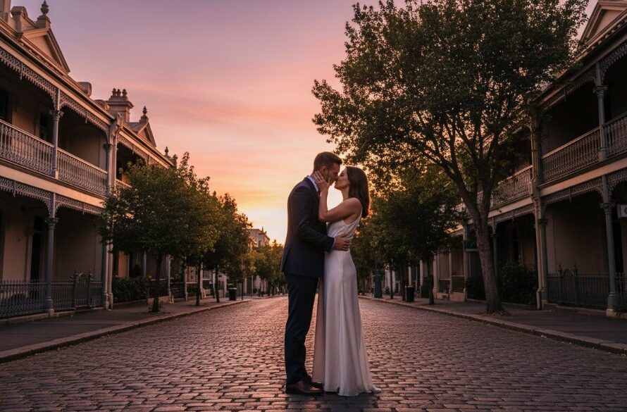 A stunning, cinematic 'epic moment' shot capturing a couple's emotional embrace amidst the charming, historic architecture of Geelong West heritage streets pre-wedding photography, with golden hour light filtering through mature trees.