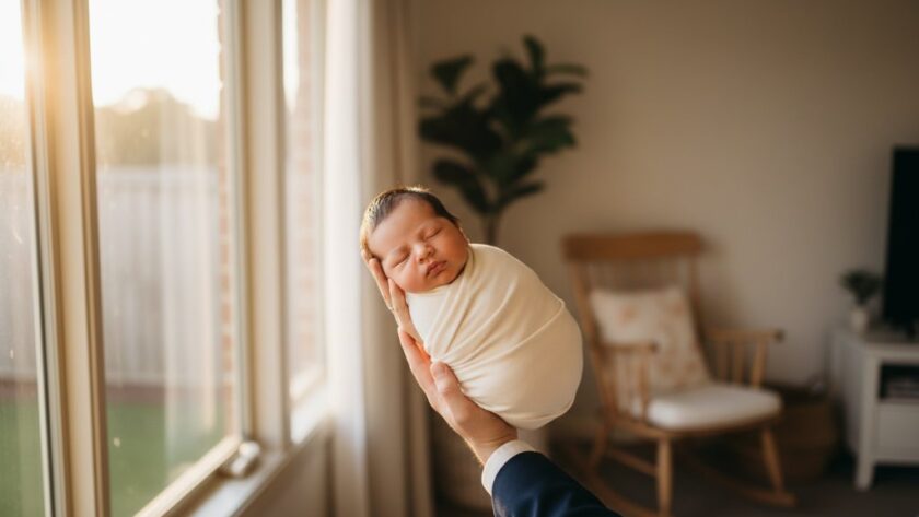 An 'epic moment' style photograph capturing a Geelong West newborn photography family lifestyle scene, with parents lovingly gazing at their peacefully sleeping baby wrapped in soft blankets, bathed in warm, natural window light from a Geelong West home, creating a tender, intimate, and emotionally resonant portrait.