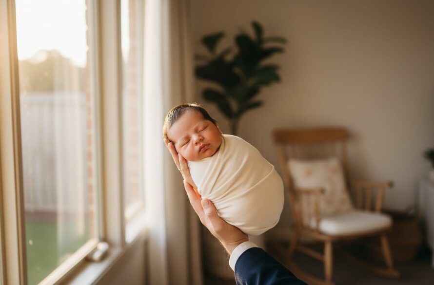 An 'epic moment' style photograph capturing a Geelong West newborn photography family lifestyle scene, with parents lovingly gazing at their peacefully sleeping baby wrapped in soft blankets, bathed in warm, natural window light from a Geelong West home, creating a tender, intimate, and emotionally resonant portrait.