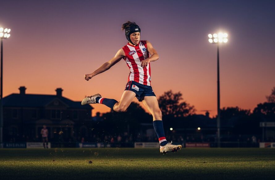 A Geelong West youth sports photography specialist captures an epic moment: a young footballer in mid-air, scoring a dramatic goal under stadium lights at dusk, with cheering spectators blurred in the background, showcasing peak athleticism and raw emotion.