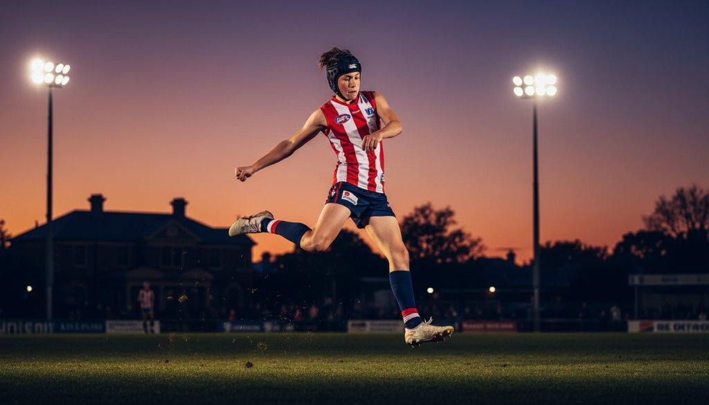 A Geelong West youth sports photography specialist captures an epic moment: a young footballer in mid-air, scoring a dramatic goal under stadium lights at dusk, with cheering spectators blurred in the background, showcasing peak athleticism and raw emotion.