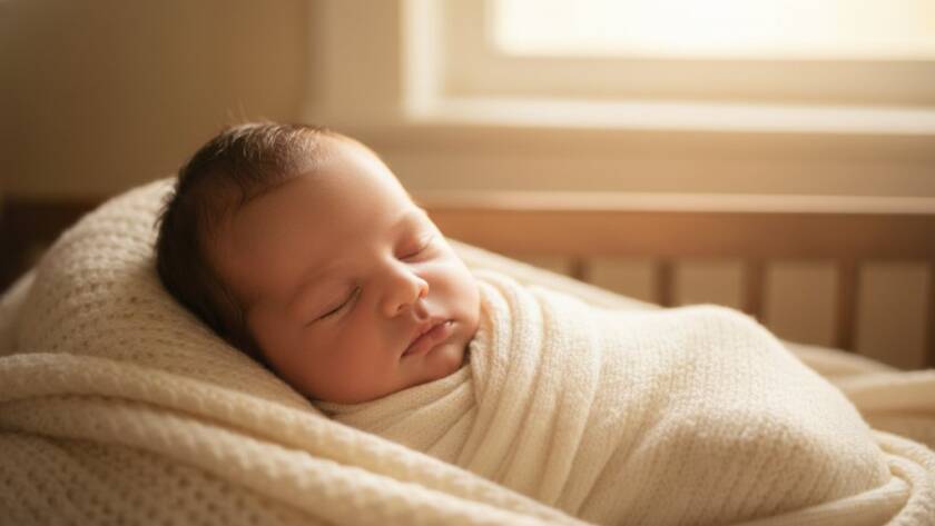 An epic moment captured in a gentle Ardeer newborn photography Victoria session, featuring a sleeping baby swaddled in soft fabrics, bathed in warm, natural light from a window, with parents' hands gently cradling, evoking profound love and peace.