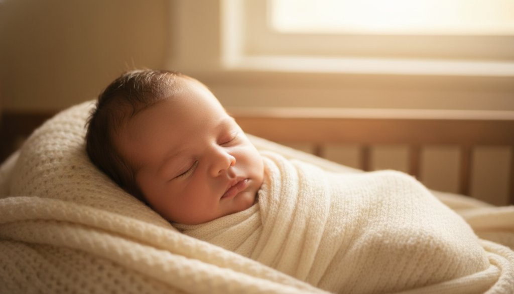 An epic moment captured in a gentle Ardeer newborn photography Victoria session, featuring a sleeping baby swaddled in soft fabrics, bathed in warm, natural light from a window, with parents' hands gently cradling, evoking profound love and peace.