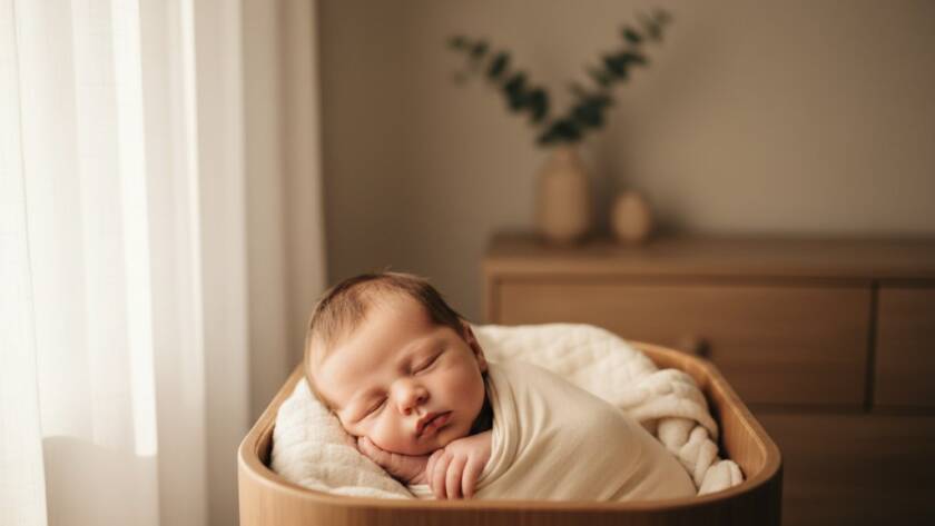 A tender, cinematic shot capturing the peaceful slumber of a newborn baby amidst soft, warm lighting, illustrating the gentle baby photos Blackburn South Victoria experience, evoking pure innocence and new beginnings.