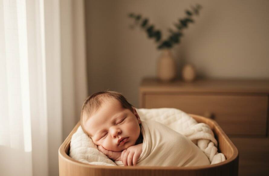 A tender, cinematic shot capturing the peaceful slumber of a newborn baby amidst soft, warm lighting, illustrating the gentle baby photos Blackburn South Victoria experience, evoking pure innocence and new beginnings.