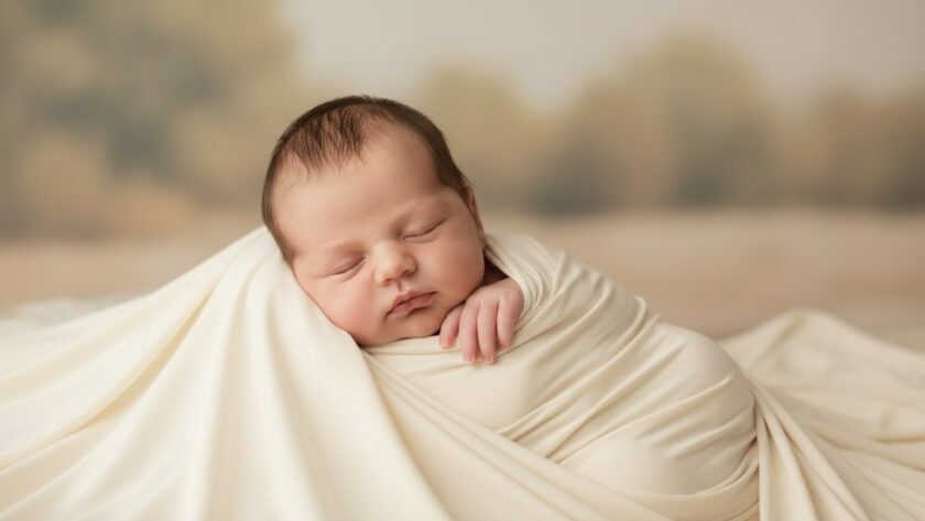 A tender, cinematic close-up of a sleeping newborn baby wrapped in soft cream fabric, held gently by unseen parents' hands, with a warm, soft-focus background hinting at a comfortable Bairnsdale studio, embodying a gentle Bairnsdale newborn photography experience.