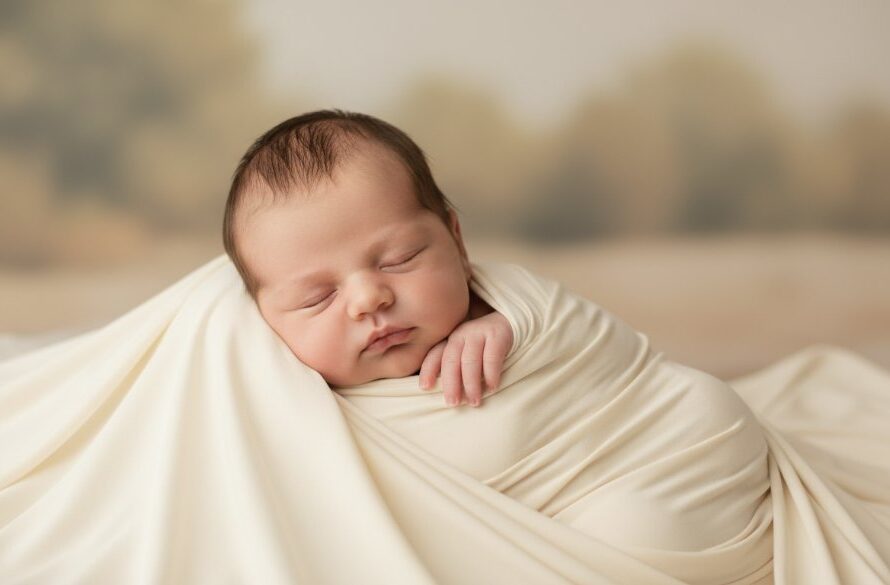 A tender, cinematic close-up of a sleeping newborn baby wrapped in soft cream fabric, held gently by unseen parents' hands, with a warm, soft-focus background hinting at a comfortable Bairnsdale studio, embodying a gentle Bairnsdale newborn photography experience.