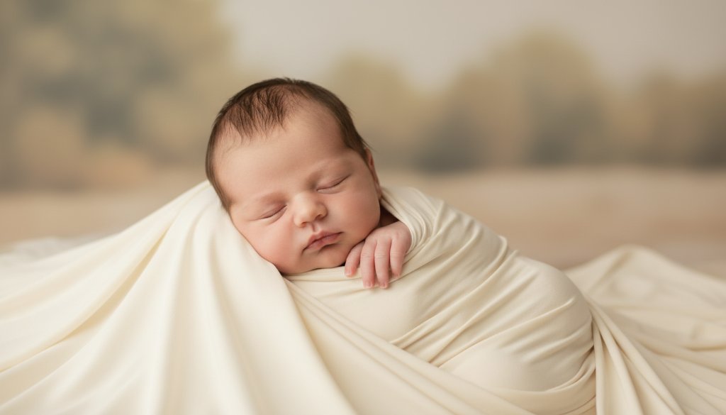 A tender, cinematic close-up of a sleeping newborn baby wrapped in soft cream fabric, held gently by unseen parents' hands, with a warm, soft-focus background hinting at a comfortable Bairnsdale studio, embodying a gentle Bairnsdale newborn photography experience.