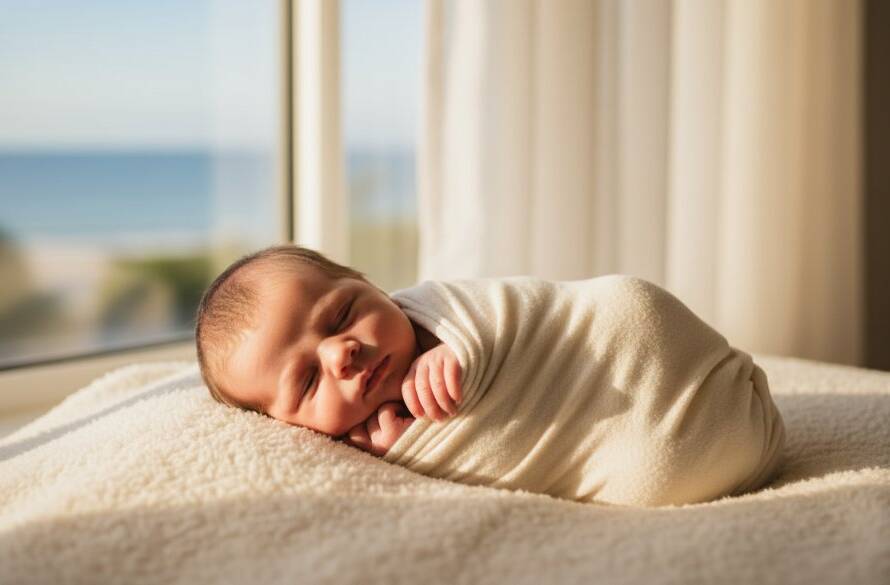 An 'epic moment' style photograph showcasing gentle Bonbeach newborn photography coastal light portraits, featuring a newborn peacefully wrapped in soft, cream fabric, bathed in warm, diffused natural light filtering through sheer curtains, with a hint of the Bonbeach coastline visible softly in the background. The baby's tiny hand is gently holding a parent's finger, capturing a tender, serene connection.