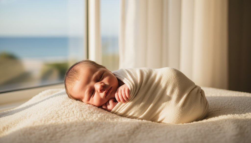 An 'epic moment' style photograph showcasing gentle Bonbeach newborn photography coastal light portraits, featuring a newborn peacefully wrapped in soft, cream fabric, bathed in warm, diffused natural light filtering through sheer curtains, with a hint of the Bonbeach coastline visible softly in the background. The baby's tiny hand is gently holding a parent's finger, capturing a tender, serene connection.