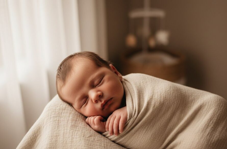 An ethereal, wide-angle portrait of a newborn baby gently swaddled in soft, natural fabrics, bathed in a warm, golden light filtering through a window in a rustic Dennington home, evoking the tender essence of Gentle Dennington Newborn Photography Victoria.