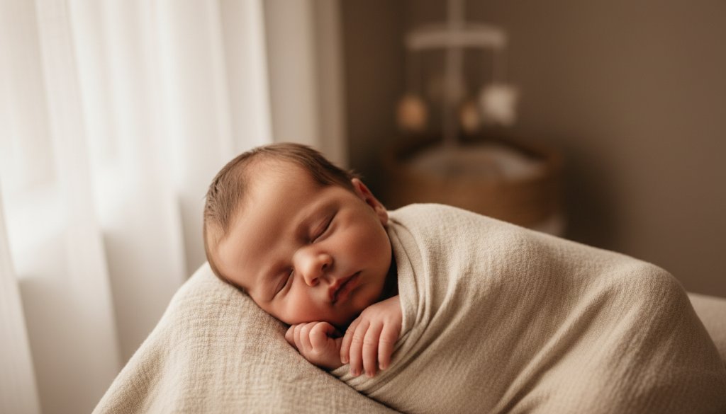 An ethereal, wide-angle portrait of a newborn baby gently swaddled in soft, natural fabrics, bathed in a warm, golden light filtering through a window in a rustic Dennington home, evoking the tender essence of Gentle Dennington Newborn Photography Victoria.
