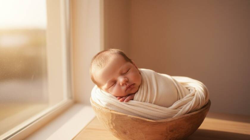 A professional, colour-graded cinematic photograph showcasing a serene baby, lovingly swaddled, peacefully sleeping in a rustic wooden basket, surrounded by soft, flowing natural fabrics, with gentle golden hour light streaming in through a window in a Derrimut-inspired setting, representing the tender atmosphere of gentle Derrimut newborn photography sessions.