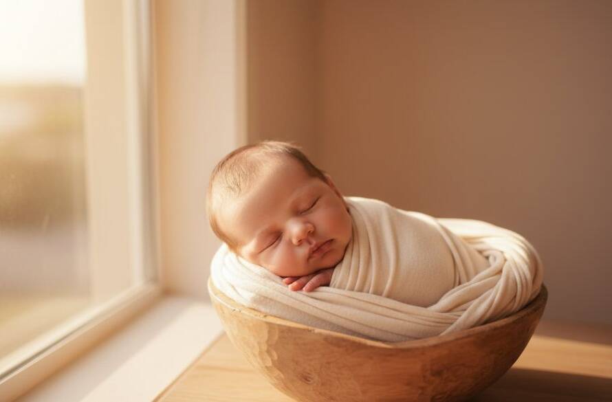 A professional, colour-graded cinematic photograph showcasing a serene baby, lovingly swaddled, peacefully sleeping in a rustic wooden basket, surrounded by soft, flowing natural fabrics, with gentle golden hour light streaming in through a window in a Derrimut-inspired setting, representing the tender atmosphere of gentle Derrimut newborn photography sessions.