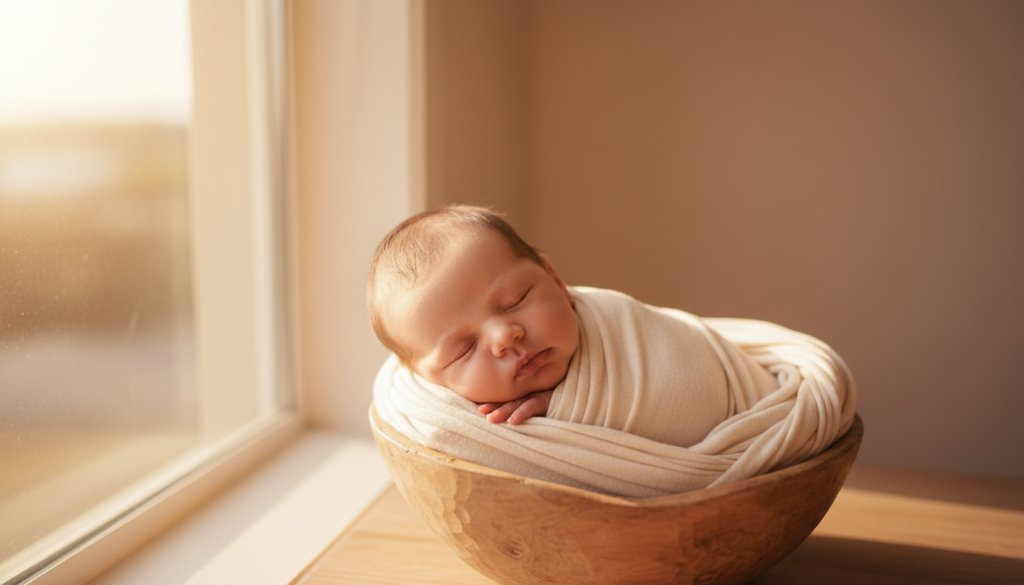 A professional, colour-graded cinematic photograph showcasing a serene baby, lovingly swaddled, peacefully sleeping in a rustic wooden basket, surrounded by soft, flowing natural fabrics, with gentle golden hour light streaming in through a window in a Derrimut-inspired setting, representing the tender atmosphere of gentle Derrimut newborn photography sessions.