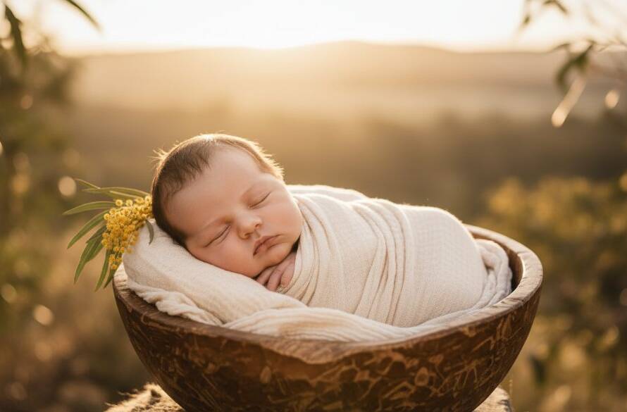 A heartwarming, softly lit, cinematic photograph showcasing gentle Exford newborn photography storytelling, with a tiny baby peacefully nestled in a handcrafted wooden bassinet, surrounded by natural, rustic Australian bush elements, with parents' hands gently cradling the baby, evoking a serene and timeless moment.