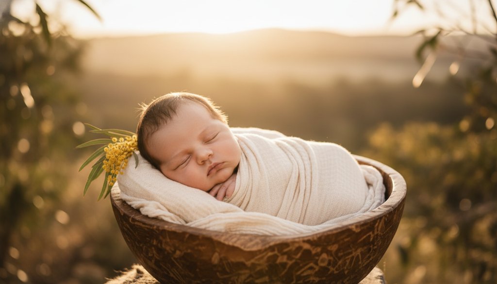 A heartwarming, softly lit, cinematic photograph showcasing gentle Exford newborn photography storytelling, with a tiny baby peacefully nestled in a handcrafted wooden bassinet, surrounded by natural, rustic Australian bush elements, with parents' hands gently cradling the baby, evoking a serene and timeless moment.