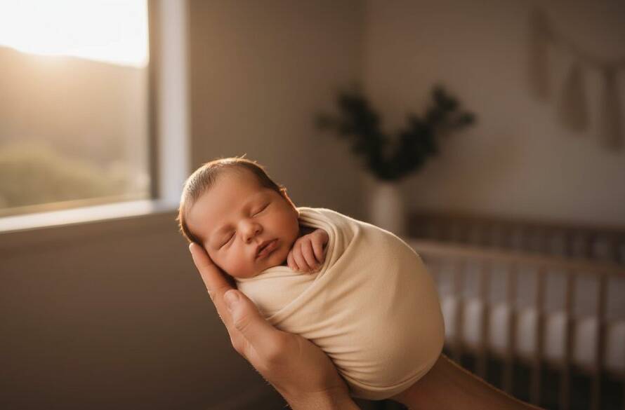 An intimate and tender shot capturing gentle Hillside Victoria newborn photography, featuring a peaceful baby swaddled in soft cream, cradled by a parent's hands, bathed in warm, soft morning light streaming through a window in a contemporary Hillside home.